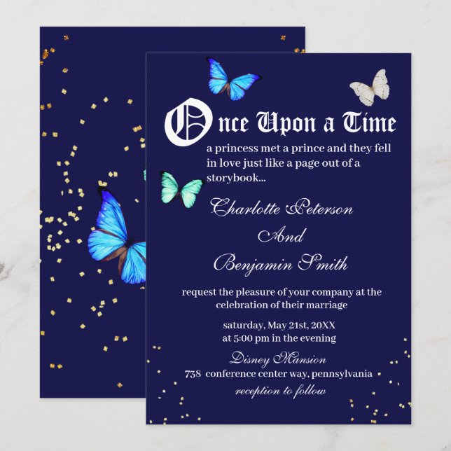 Unique Navy Blue Butterfly Fairytale Wedding Einladung (Vorne/Hinten)