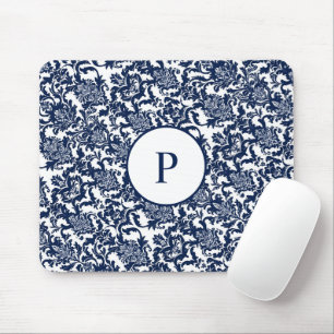 Unique Navy Blue Damask Muster Mousepad