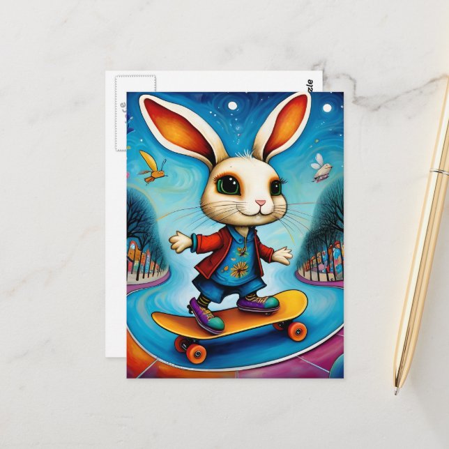 Unique Rabbit Skateboarding Postkarte (Vorderseite/Rückseite Beispiel)