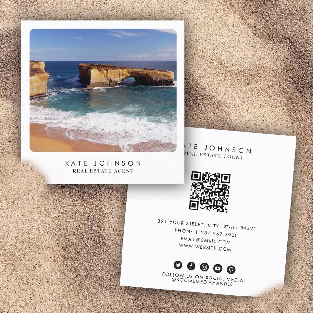 Unique Real Estate Agent Beach Ocean Full Photo  Quadratische Visitenkarte (Unique Real Estate Agent Beach Ocean Full Photo Square Business Card)