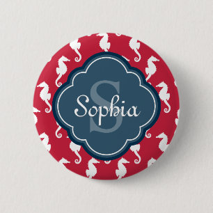 Unique Red Seepferd Pattern Blue Monogram Button