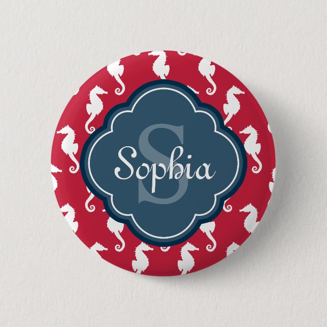 Unique Red Seepferd Pattern Blue Monogram Button (Vorderseite)