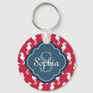 Unique Red Seepferd Pattern Blue Monogram Schlüsselanhänger