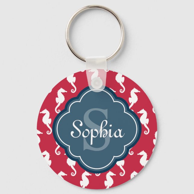 Unique Red Seepferd Pattern Blue Monogram Schlüsselanhänger (Vorderseite)