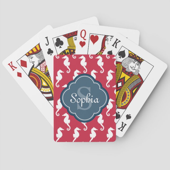 Unique Red Seepferd Pattern Blue Monogram Spielkarten (Rückseite)