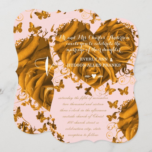 Unique Rose Pink Gold Hearts and Roses Wedding Einladung (Vorne/Hinten)