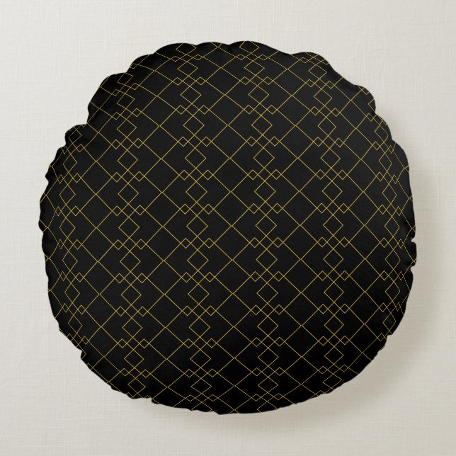 Unique Stylish Metallic Gold Box Pattern Black Rundes Kissen (Vorderseite)