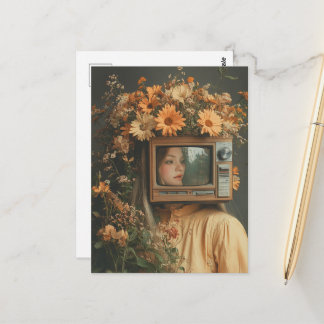 Unique Surreal Woman with TV for head and flowers Postkarte