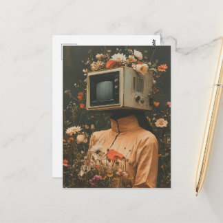 Unique Surreal Woman with TV head and flowers Postkarte