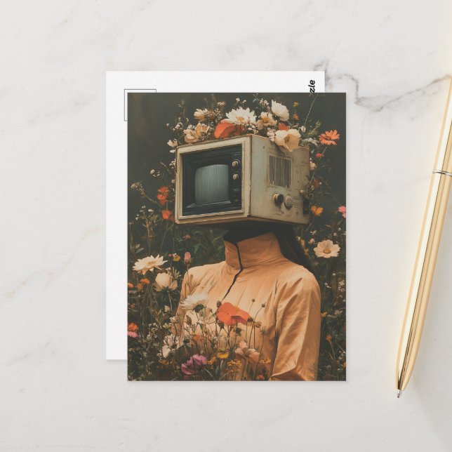 Unique Surreal Woman with TV head and flowers  Postkarte (Vorderseite/Rückseite Beispiel)