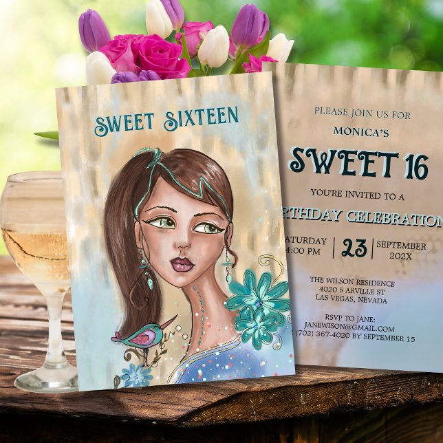 Unique Sweet 16 Invitation - Retro Flower Girl ( Unique Sweet 16 Invitation - Retro Flower Girl )
