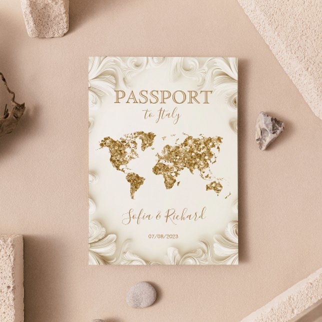 Unique Wedding Destination Passport Gold Weltkarte Einladung (beige and gold glitter passport wedding invitation)