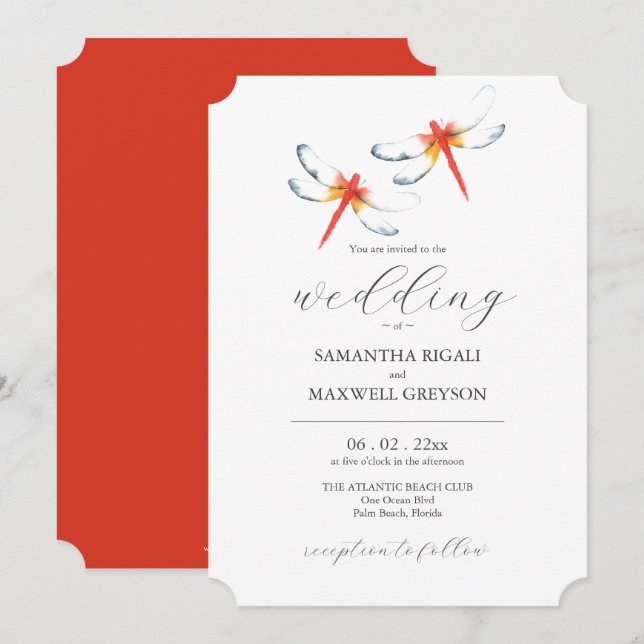 Unique Wedding Invitation Red Dragonflies Einladung (Vorne/Hinten)