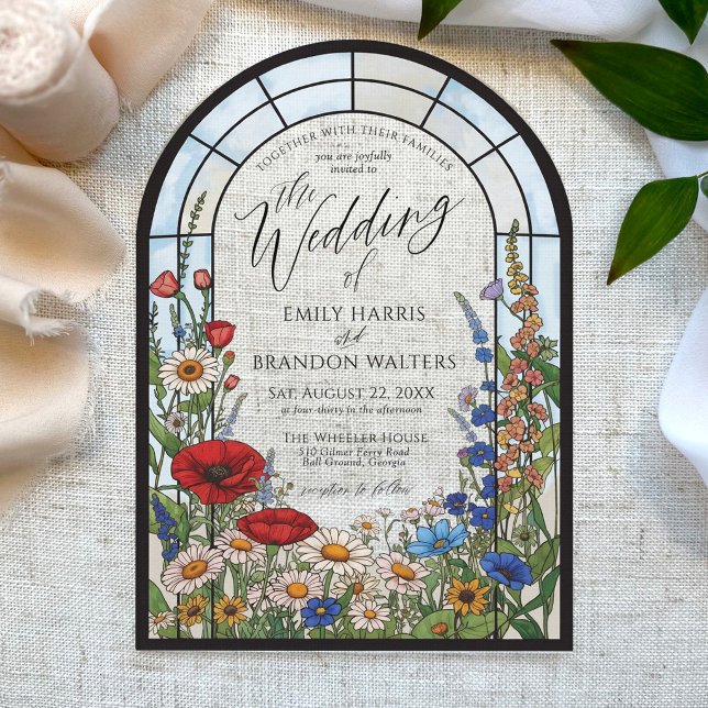 Unique Wildflower Stained Glass Arch Wedding Acryleinladungen (Modern wildflower daisy sunflower poppy stained glass window floral arch acrylic wedding invitation)