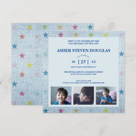 Unisex Denim Stars Drei Fotos Kinder zum Geburtsta Einladung