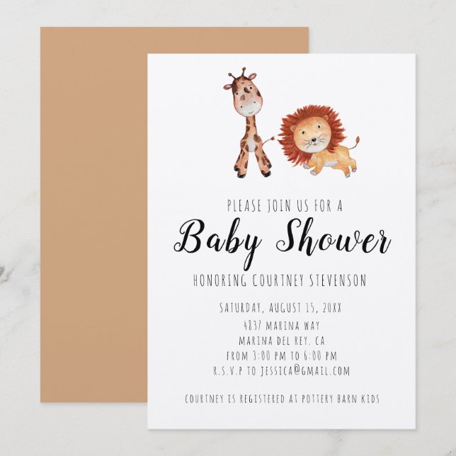 Unisex Giraffe & Lion Baby Dusche Einladung (Vorne/Hinten)