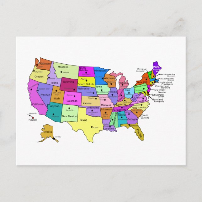 United Staaten Map Staat Namen und Hauptstädte Postkarte (Vorderseite)