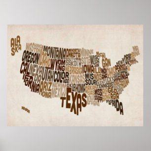 United Staaten Typografy Text Map Poster