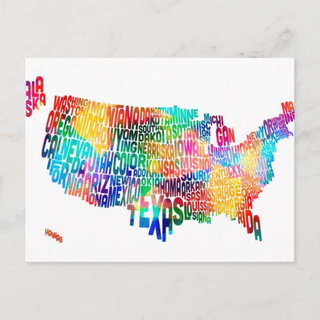 United Staaten Typografy Text Map Postkarte (Vorderseite)