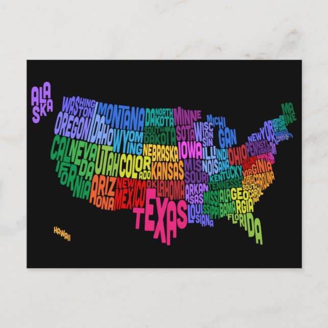 United Staaten Typografy Text Map Postkarte (Vorderseite)