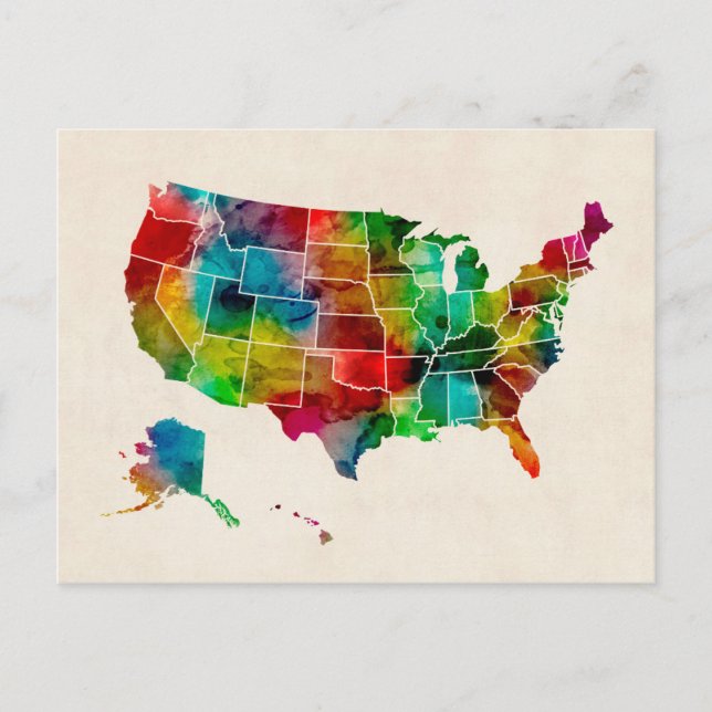 United Staaten Watercolor Map Postkarte (Vorderseite)