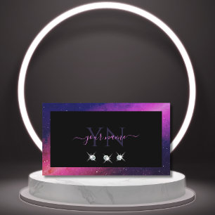 Universe Black Blue Pink Sparkle Jewels Monogram Visitenkarte