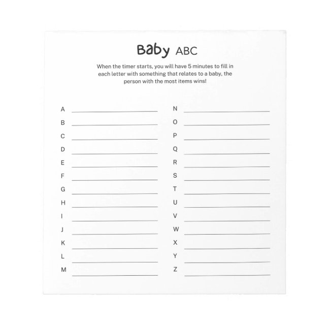 Universelles Gender Neutral Baby Shower ABC Game Notizblock (Vorderseite)