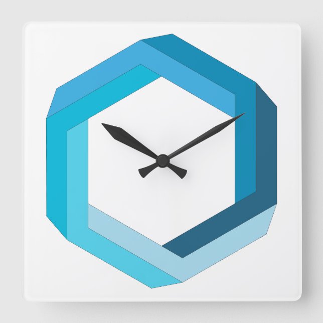 Unmögliche Geometrie: Blaues Hexagon. Quadratische Wanduhr (Vorderseite)