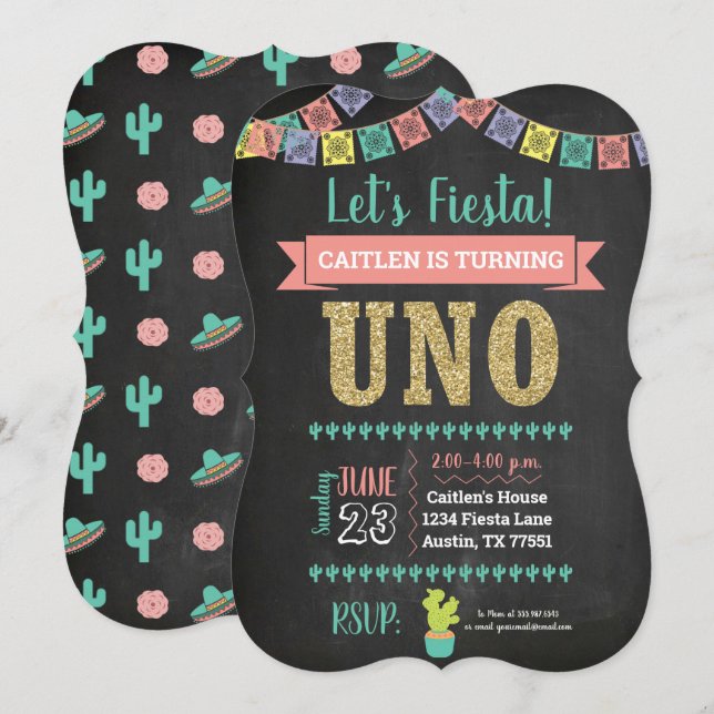Uno First Birthday Chalkboard Einladung Girl (Vorne/Hinten)