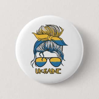 Unordentlicher Dutt Haar Ukrainische Flagge Mädche Button