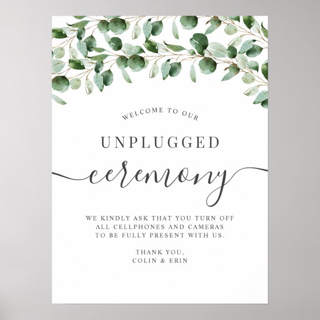 Unplugged Ceremony Greenery Eukalyptus Wedding Poster (Vorne)