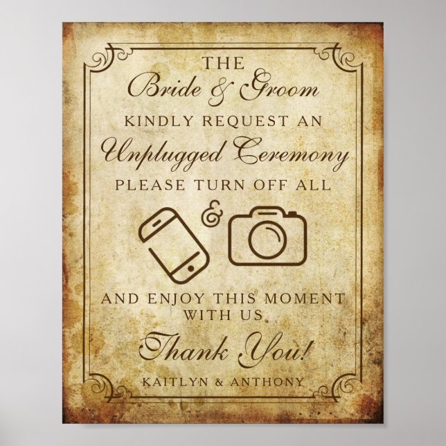 Unplugged Vintage Wedding Ceremony Sign Poster (Vorne)