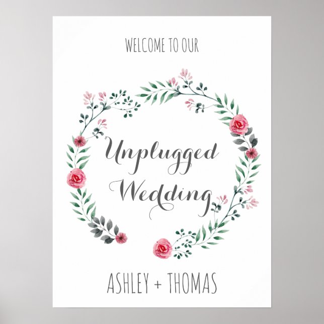 UNPLUGGED Wedding Begrüßung Blumenkalligrafie-Zeic Poster (Vorne)