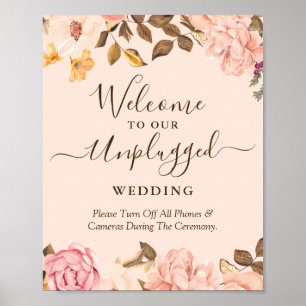 Unplugged Wedding Zeremony Sign Blush Gold Floral Poster