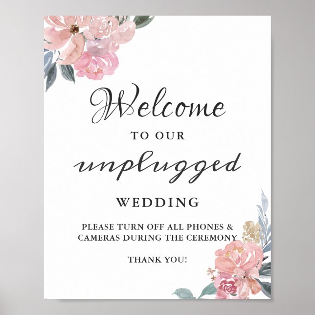 Unplugged Wedding Zeremony Sign Dusty Pink Floral Poster (Vorne)