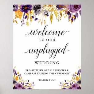 Unplugged Wedding Zeremony Sign Lila Gold Floral Poster