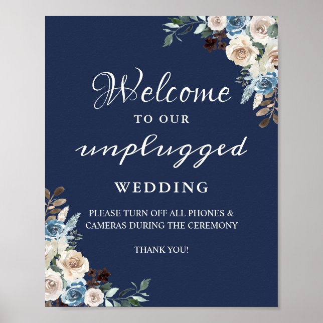Unplugged Wedding Zeremony Sign Navy Blue Floral Poster (Vorne)