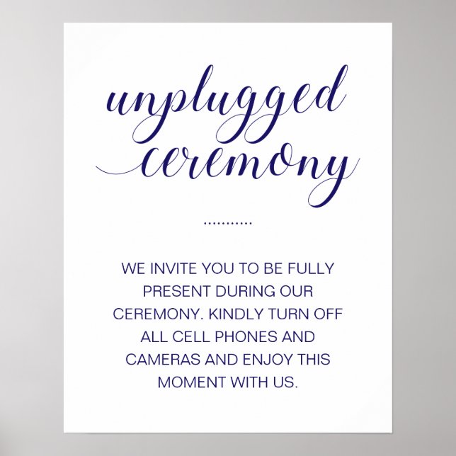 Unplugged Zeremonie Elegant Navy Blue Wedding Sign Poster (Vorne)