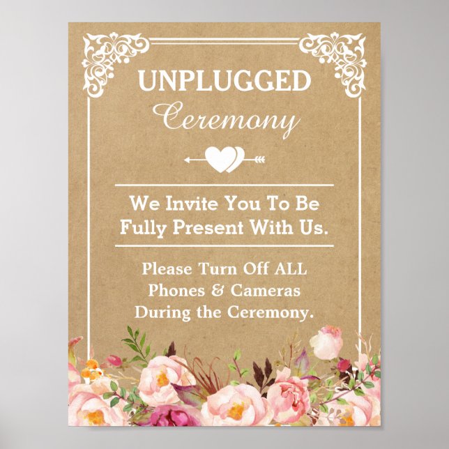 Unplugged Zeremonie Wedding Sign Floral Kraft Poster (Vorne)