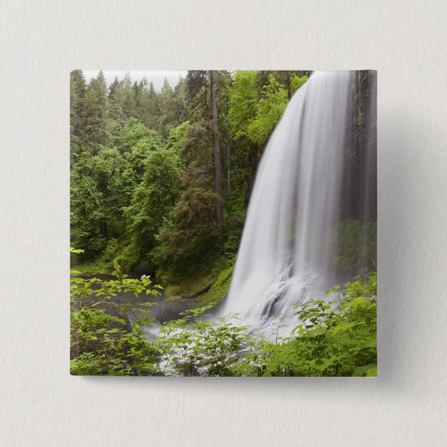 Unscharfe Wasserfall-und Waldansicht in Oregon Button (Vorderseite)