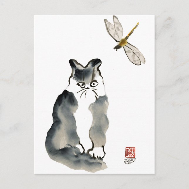 Unschmackhaftes Insekt [Libelle] und Gray Kitten Postkarte (Vorderseite)
