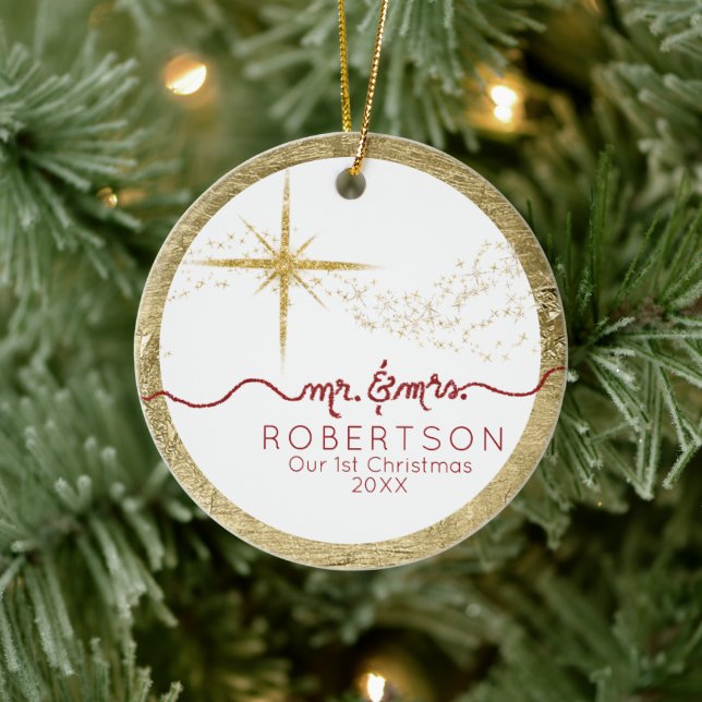 Unser 1. Weihnachts-Verheiratet Gold Glitzer Star  Keramik Ornament (Baum)