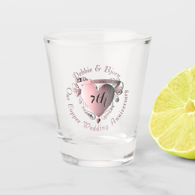 "Unser 7. Copper-Jubiläum"3D-HerzEmblem Shot G Schnapsglas (Vorderseite)