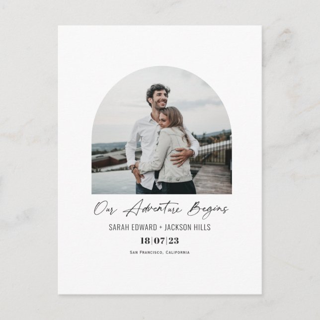 Unser Abenteuer beginnt, Arched Foto Save the Date Ankündigungspostkarte (Vorderseite)