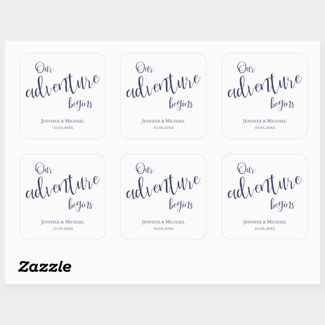 Unser Abenteuer beginnt dk Blue Typografy Hochzeit Quadratischer Aufkleber (Blatt)