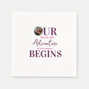 Unser Abenteuer beginnt Foto Hochzeitspaar rund Serviette