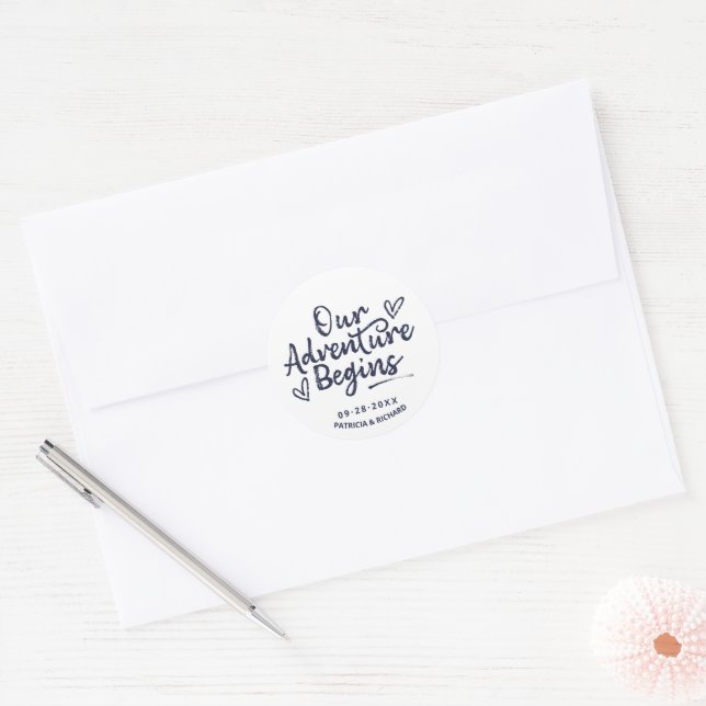 Unser Abenteuer beginnt Hochzeiten speichern das D Runder Aufkleber (Umschlag)