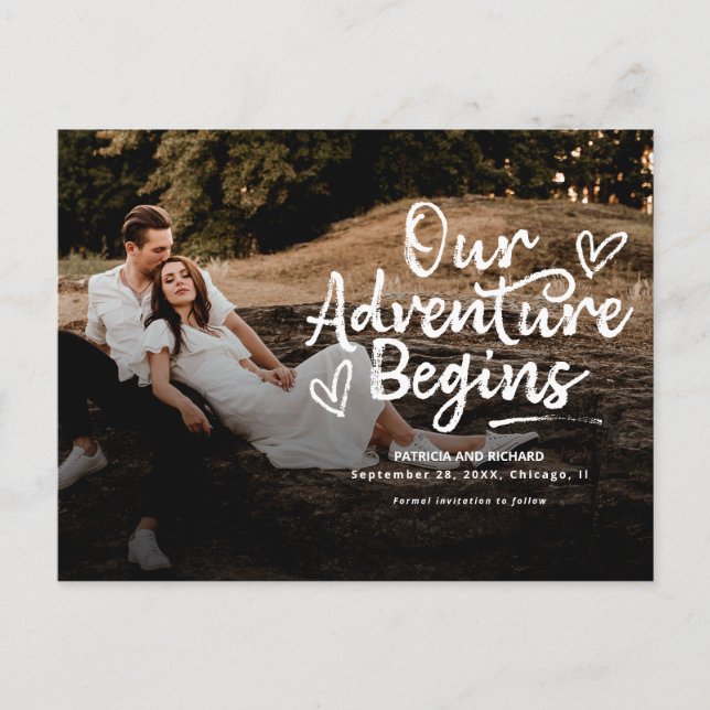 Unser Abenteuer beginnt Hochzeiten speichern das F Postkarte (Vorderseite)