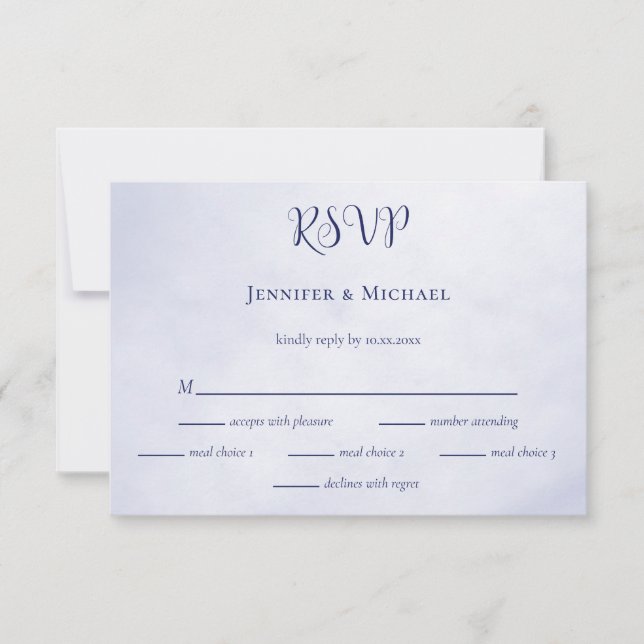 Unser Abenteuer beginnt mit der blauen typografisc RSVP Karte (Vorderseite)