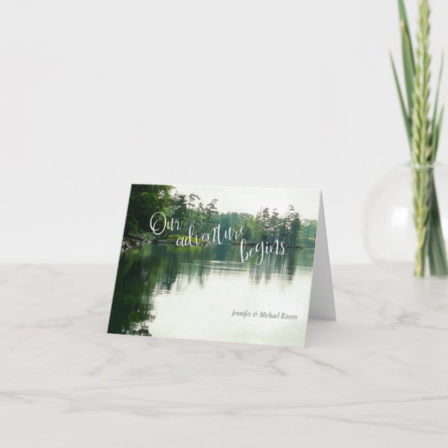 Unser Abenteuer beginnt mit der Hochzeit am Seeufe Dankeskarte (Vorderseite)